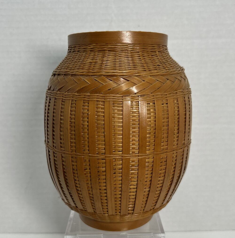 Vtg Shanghai Handicrafts 6" Woven Bamboo Rattan Ceramic Vase Insert 1970s Boho